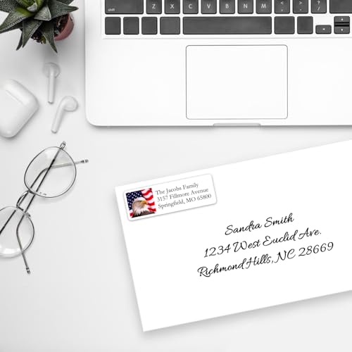 Return Address Labels American USA Flag & Eagle - Custom Mailing Return Address Labels/Stickers for Envelopes, Easy Peel and Stick, Permanent Rectangle Labels (White) Made in The USA (Set of 90)
