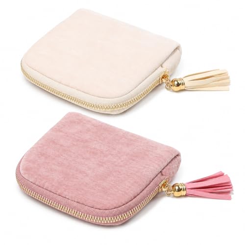 2-Pack Velvet Jewelry Organizer Case - Travel Zipper Pouch with Tassel, 6-Layer Storage for Bracelets, Bangles & Accessories (Off-white and Pink) - color: Off-white and Pink