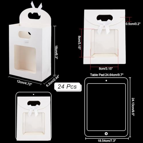 NBEADS 24 Pcs Small White Kraft Paper Bags with Window, 6.3x4.72x2.44inch Stand Up Gift Bag with Handles and Bowknot for Cookies Packaging Wedding Christmas Party Store Retail - color: White-24Pcs-l.w.h:4.72x2.44x6.3"
