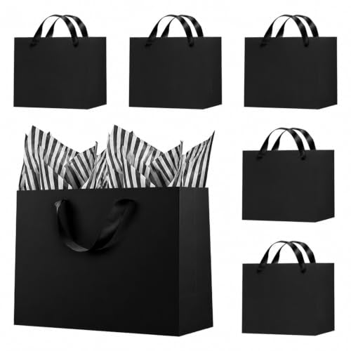 Offizon 12PCS Black Gift Bags with Stripe Tissue Small Bag 22x10x18cm - color: Small-Black3-12PCS