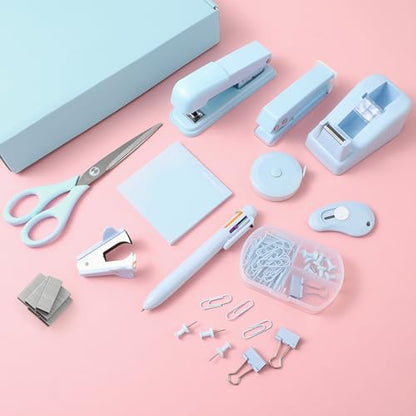 Blue Desk Accessory Kit Cute Office Supplies Set Desktop Stapler Set Includes Staple Remover Hole Punch Tape Dispenser Ballpoint Pen Scissor Mini Box Cutter Tape Measure Paper Clips Sticky Notes - color: Blue