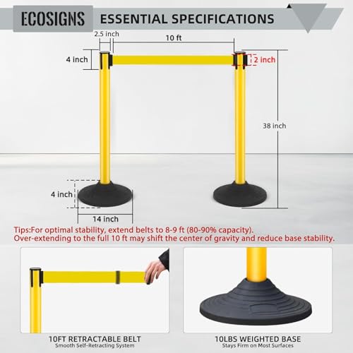 ECOSlGNS 12 Pack Stanchions with 10ft Retractable Belts - Yellow Stanchion Posts Set Crowd Control Barriers Line Dividers with Weighted Rubber Base & Sign Holders for Queue Management - color: Yellow, size: Round Base - 12 Pack