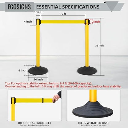 ECOSlGNS 12 Pack Stanchions with 10ft Retractable Belts - Yellow Stanchion Posts Set Crowd Control Barriers Line Dividers with Weighted Rubber Base & Sign Holders for Queue Management - color: Yellow, size: Round Base - 12 Pack