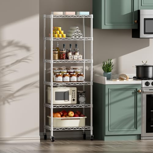 SINGAYE 6 Shelves Storage Shelf Wire Shelving Unit Metal Adjustable Wheels - color: White, size: 6Tier/11.5"D X 17.5"W X 61.5"H