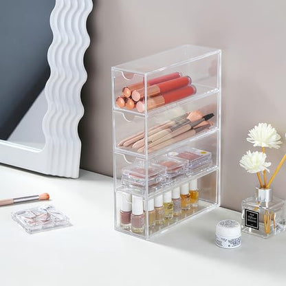 Acrylic Sunglasses Organizer with 4 Drawers - Clear Eyeglass Holder & Storage Case for Multiple Pairs, Jewelry, Makeup,Stackable Display Stand for Home, Office, Travel