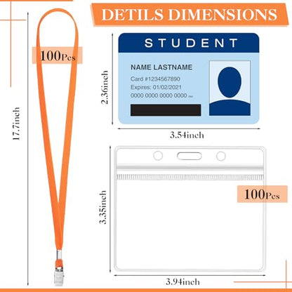 Marspark 100 Sets 4"x3" Name Badge Holder with Lanyard Bulk, Orange - color: Orange