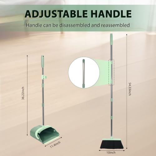 YZO Broom and Dustpan Set, 54.33 Inch Long Handle Standing Design, Dustpan Front Rubber Tight Seal, Broom with 5 Layer Bristles, Suitable for Living Room, Bedroom, Yard, Office (Green) - color: Green