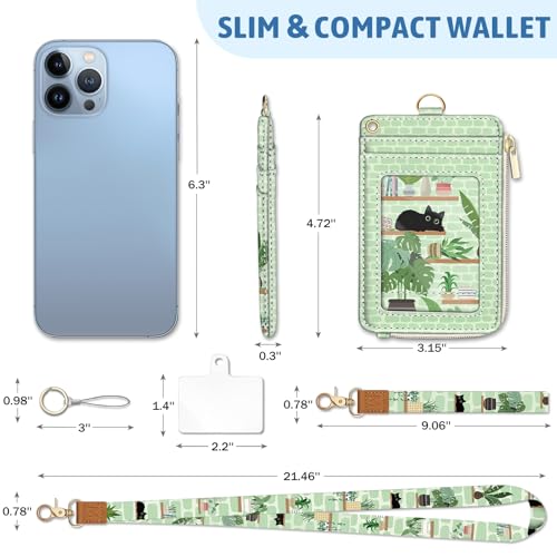 Cute Black Cat Lanyard Wallet with ID Badge Holder Small Slim RFID Keychain - color: Cat Plant Shelf