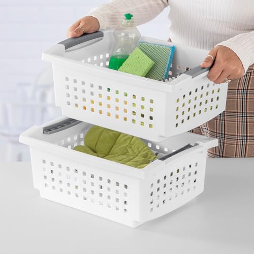 Sterilite Medium Stacking Basket Plastic Storage Organizer, White, 12-Pack - size: 12 Pack, style: Medium