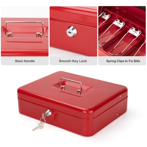 Cash Box with Key Lock & Foam Auto-Pop Coin Tray – Secure Steel Money Box with 4 Upgraded Finger-Safe Bill Clips, Premium Smooth Scratch-Resistant Coating, 11.8"L x 9.5"W x 3.5"H, KL Red - color: KL Red