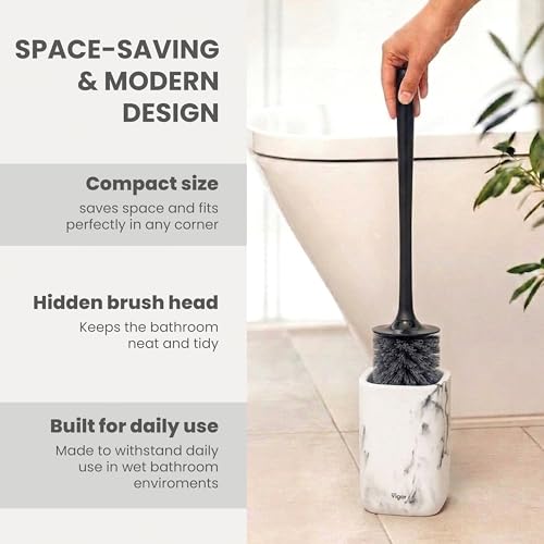 Vigar Zense Toilet Brush and Holder Set, Polyresin Stone, White Marble - color: White Marble