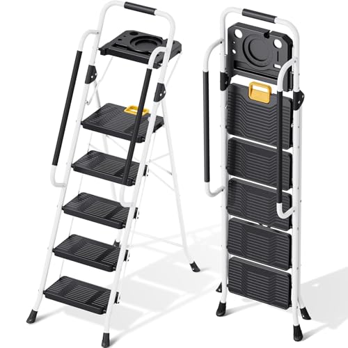 KINGRACK 5 Step Ladder, Folding Step Ladders for Home, 800lb Capacity,White - size: 5-STEP