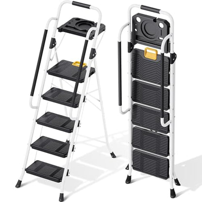 KINGRACK 5 Step Ladder, Folding Step Ladders for Home, 800lb Capacity,White - size: 5-STEP
