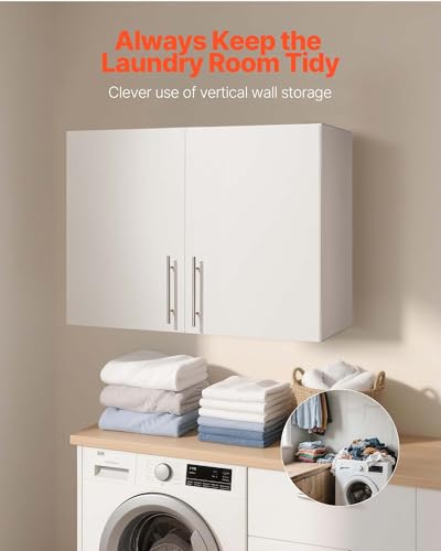 VEVOR Laundry Room Wall Cabinet, 2-Tier Wall Mounted Hanging Cabinet with Adjustable Shelf, 32 in Cupboard Storage with 2 Doors, for Bathroom, Kitchen, Laundry, 16 x 32 x 24 in (D x W x H), White - size: 32 Inch, style: 2 Doors