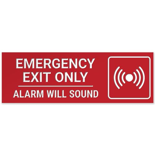 Emergency Exit Only Alarm Will Sound Sign, Engraved, - color: Red, size: 3x9