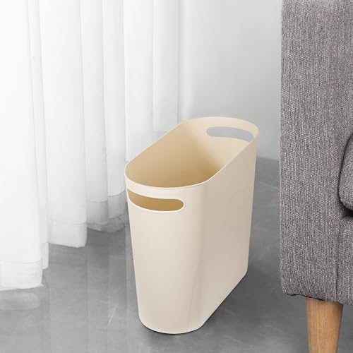 rejomiik Small Bathroom Trash Can, 3.5 Gallon Slim Garbage Can, Cream - color: Cream, size: 1 pack