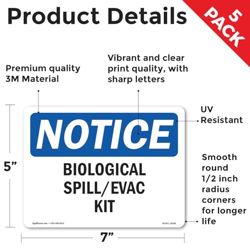 Biological Spill Evac Kit OSHA Notice Vinyl Decal Label 7 Inch x 5 Inch - 5 Pack - color: Vinyl Decal, size: 5 Pack of 7" x 5"