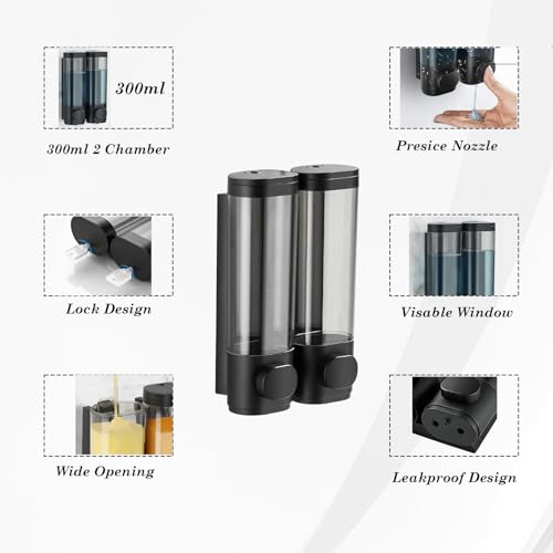 2-Chamber 10oz/300ML Black Plastic Hand Wall Mounted Soap Dispensers - color: 2-chamber Black
