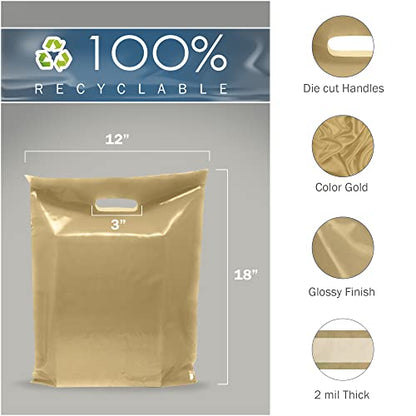 12x18 Gold Plastic Bags, Medium, Glossy Finish, 2 Mil Thick, 100 Pack