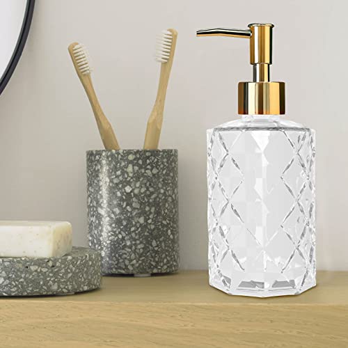 Clear Glass Soap Dispenser with Gold Plastic Pump, 2 Pack 12oz Diamond Hand Soap Dispenser, Refillable Lotion Dispenser & Dish Bathroom Dispenser for Liquid, Shower Gel - color: Crystal Clear