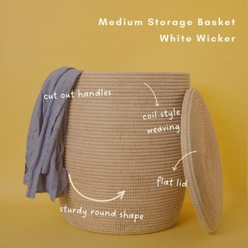 Laundry Basket with Lid and Handles, White Wicker Basket for Storage, 20 Inch Tall, 18 Inch Wide - size: 18" Wide Medium