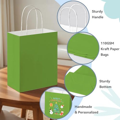 Brothersbox 100 Pack Paper Gift Bags with Handles, 8x4.75x10 Inch, Green - color: Green