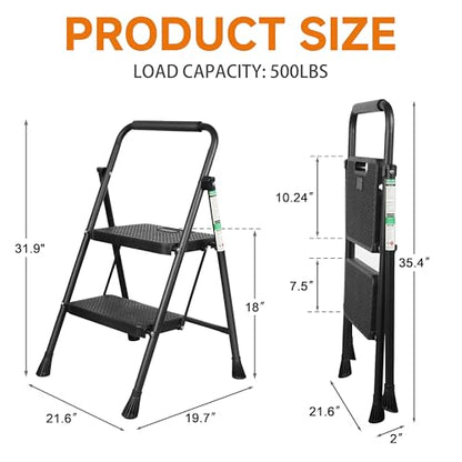 Arbusb 2 Step Ladder, Folding Steel Ladder with Handrail & Wide Pedals - color: Black, size: 2-Step