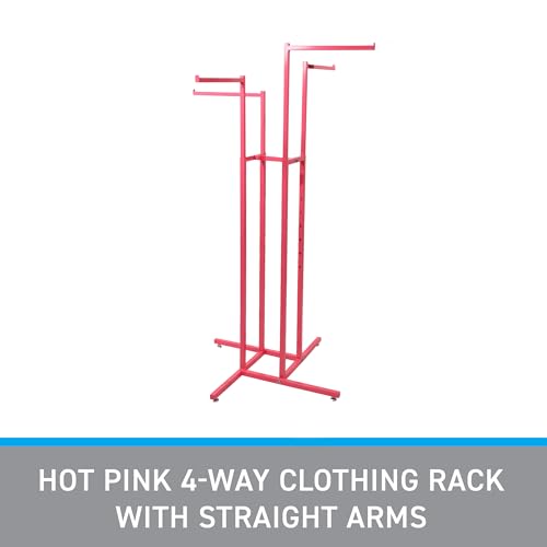 SSWBasics Hot Pink 4-Way Clothing Display Rack With Straight Arms- Durable Retail Clothing Rack for Boutique, Retail, and Thrift Stores - Sleek and Stylish Garment Display Stand