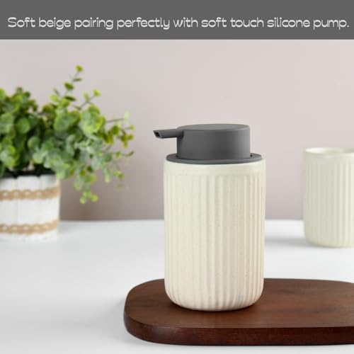 Speckled Beige Rippled Ceramic Foaming Soap Dispenser, Modern - color: Beige,brown,grey