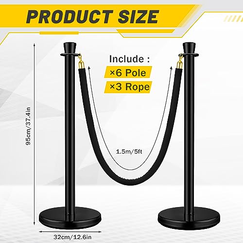 Wesiti 6 Pcs Stainless Steel Stanchion Post Queue with Crown Top 5 ft and 3 Pcs Velvet Rope and Poles Crowd Control Barriers Sand Injection Hollow Base and Velvet Ropes Set for Party (Black) - color: Black