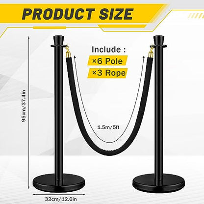 Wesiti 6 Pcs Stainless Steel Stanchion Post Queue with Crown Top 5 ft and 3 Pcs Velvet Rope and Poles Crowd Control Barriers Sand Injection Hollow Base and Velvet Ropes Set for Party (Black) - color: Black