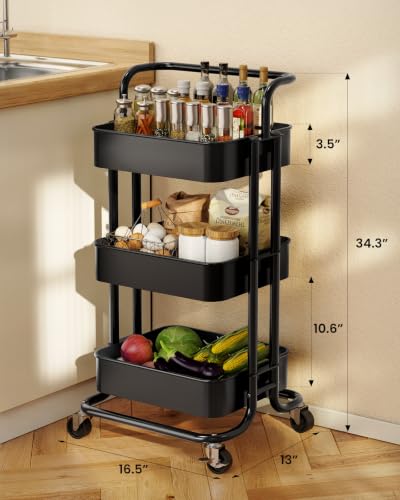 Pipishell Metal 3 Tier Rolling Cart with Handle & 2 Lockable Wheels, Black - color: Black, size: 3-Tier