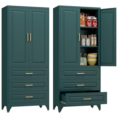 Polup 75" Metal Storage Cabinet, Kitchen Pantry Cabinet with 3 Drawers - color: Green, size: 75"H - 3 Drawers