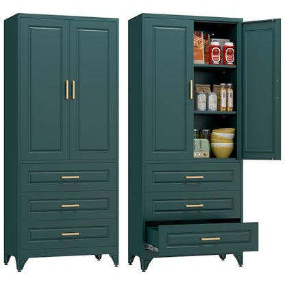 Polup 75" Metal Storage Cabinet, Kitchen Pantry Cabinet with 3 Drawers - color: Green, size: 75"H - 3 Drawers