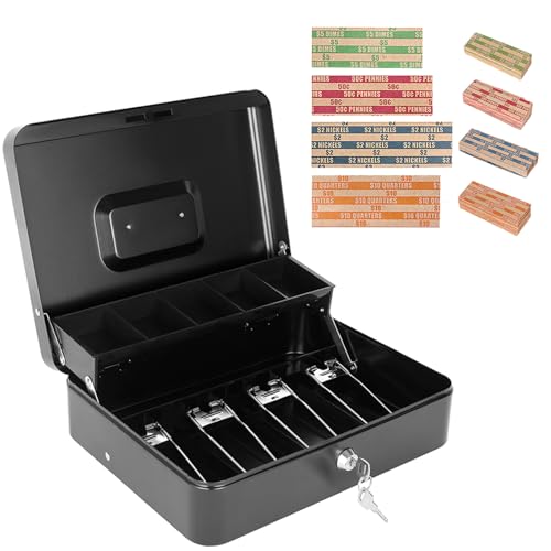 Cash Box with Key Lock and Money Tray - Metal Money Box for Cash Register, Large Cash Lock Box for Money Safe with 100PCS Coin Wrappers Assorted