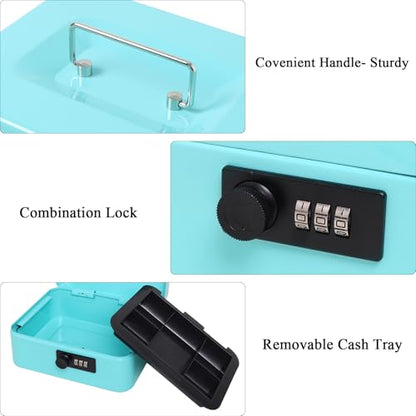 Jssmst Medium Cash Box with Combination Lock - Durable Metal Cash Box with Money Tray,light blue,7.87 x 6.3 x 3.35 inches - color: Light blue, size: Medium