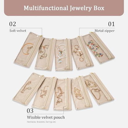 KarSyon Jewelry Travel Pouch Case 10 Velvet Zipper Pouches Clear Design - color: 10PCS Beige, size: Large