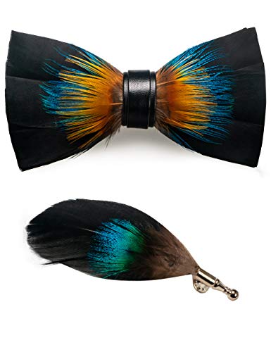 RBOCOTT Handmade Feather Pre-tied Bow tie and Brooch Sets for Men - color: Orange/Blue