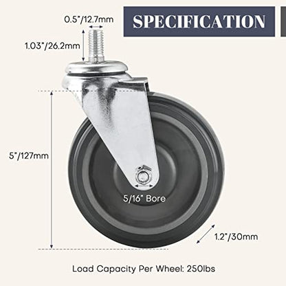 MYFULLY 5" Shopping Cart Caster Wheels 4-Pack with Hardware, Grey - style: Grey