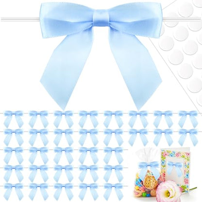 50 Pcs Light Blue Satin Ribbon Bows, 3.5" x 3.5", with Twist Ties - color: Light Blue