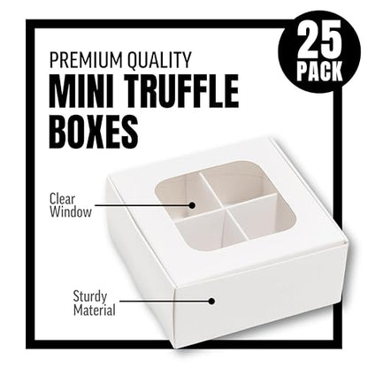25 pcs White Mini Truffle Box for 4 Treats with Windows and Dividers, Bakery Boxes, 3.5 x 3.5 x 1.57 Inches VERY SMALL Baking Boxes, Square Truffles Box for Gift Giving - color: White