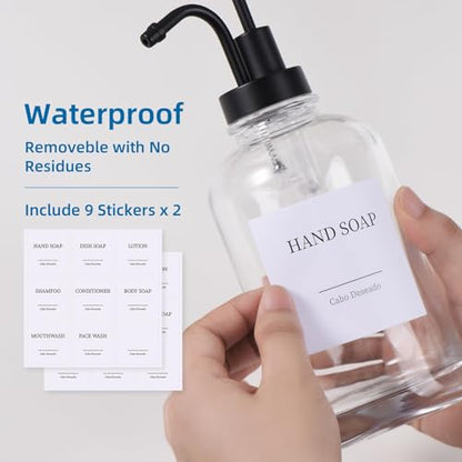 Glass Soap Dispenser with Pump, Dish and Hand Soap Dispenser for Kitchen Bathroom Set, Clear Glass Dispenser Set of 2 Pack with 18 Stickers Funnel Bamboo Tray 500ml 18oz / Each Bottle Sliver Pump - color: Glass+black Pump