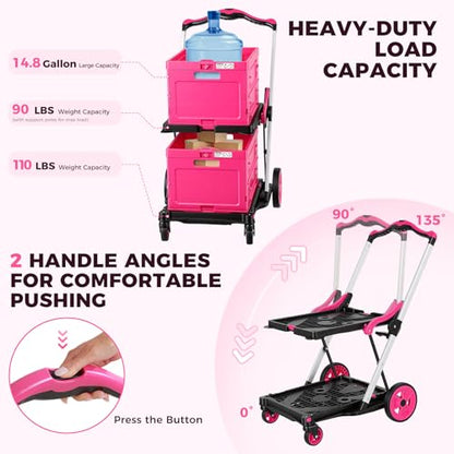 Collapsible Shopping Cart with Wheels, Foldable Platform Hand Truck (Pink) - color: Pink