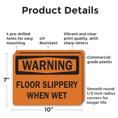 (2 Pack) Floor Slippery When Wet OSHA Warning Sign 10 Inch X 7 Inch Plastic Sign, Weather Resistant, UV Protected for Workplace, Business, and Construction Site, Made in the USA - size: 10 Inch X 7 Inch, style: Plastic