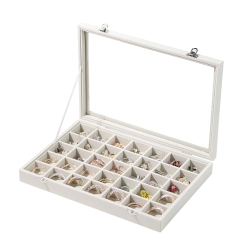Coward Ring Earring Jewelry Organizer Box, 35 Grids Dustproof Display Holder Case, Beige Velvet Jewelry Bead Display Tray Case with Transparent Glass Lid for Momen Girls - color: Beige Velvet, size: 35Grids Box