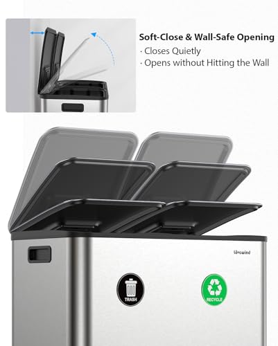 Dual Trash and Recycling Bins for Kitchen, 2×13 Gallon (2× 50L) Stainless Steel Trash and Recycle Bin Combo with Soft-Close Lid, Large Garbage Cans for Kitchen Home with 2 Magnets Sticker, Silver - color: Silver