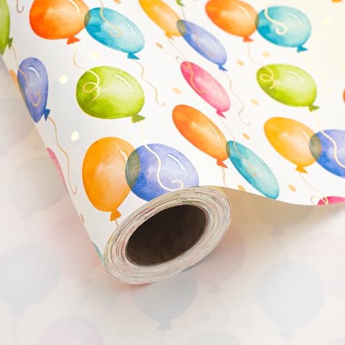 Ulmasinn Birthday Wrapping Paper Roll with Gold Foil Balloons, 17" x 16.4', Thick Gift Wrap for Birthday Gifts, Watercolor Balloon Design, No Creases, for Kids, Adults, Baby Shower and Celebrations - color: Birthday Gold Foil Balloon