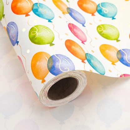 Ulmasinn Birthday Wrapping Paper Roll with Gold Foil Balloons, 17" x 16.4', Thick Gift Wrap for Birthday Gifts, Watercolor Balloon Design, No Creases, for Kids, Adults, Baby Shower and Celebrations - color: Birthday Gold Foil Balloon