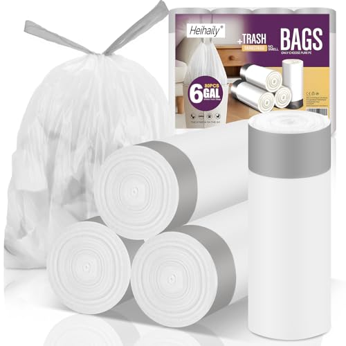 6-Gallon Trash Bags Drawstring Kitchen-Garbage-Bag - Heihaily 4 Rolls 80 Counts Recycled Unscented Office Plastic Can Liner Bathroom Transparent White For Outdoor Yard Waste Basket - color: 6Gal white 80 Counts