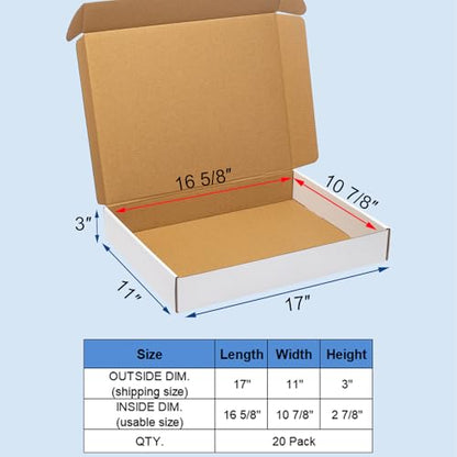 Wowxyz 17x11x3" Shipping Boxes 20 Pack White Corrugated Cardboard Box - size: 17x11x3"